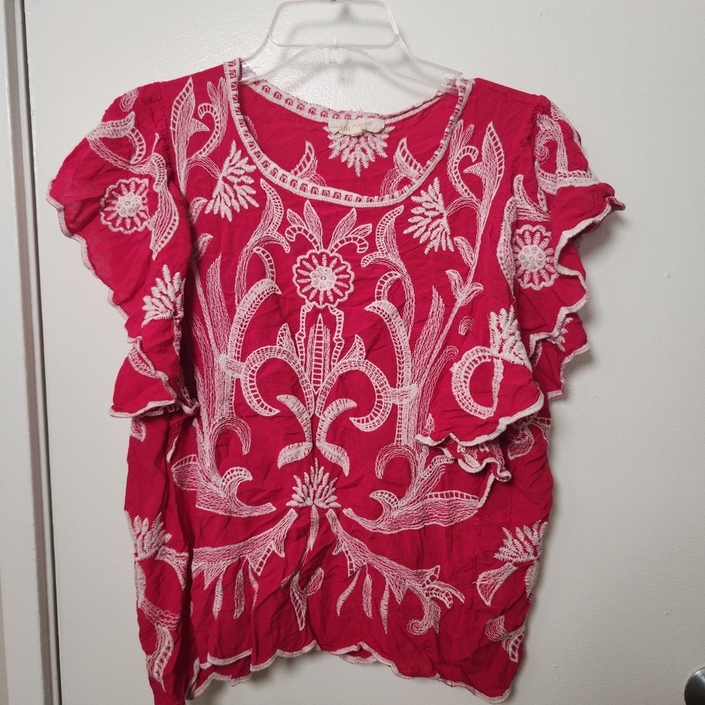 Solitaire Embroidered Ruffle Short Sleeve Top‎ Pink Size Large Boho Bohemian